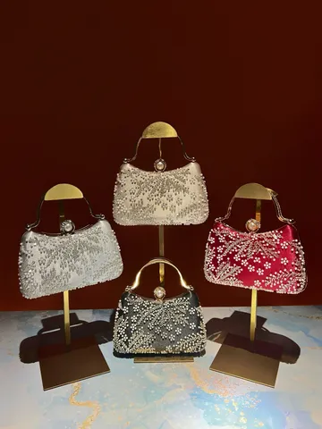 Elegant Polyester Satin Evening Bag Embroidered Artificial Pearl Rhinestone Clutch Metal Handle Chain Crossbody Shoulder Bag For Women Party Wedding Dinner