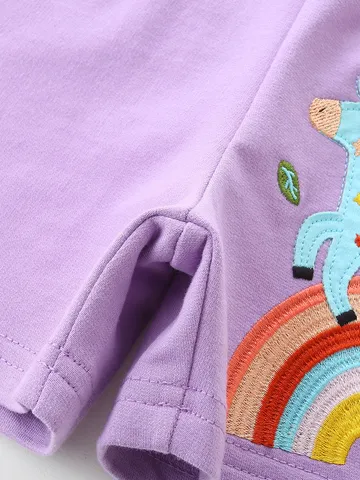 Mädchen Westlicher Stil Baumwolle Shorts Süße Cartoon Einhorn Regenbogen Gestickt Lässige Sport Shorts Mit Kontrast Kordelzug Gerippter Bund Für Kinder