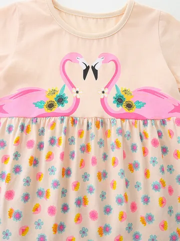 Toddler Girls Flamingo Print Dress Cute Short Sleeve Cotton T-Shirt Dress For Kids Summer Casual Pink Floral Dress