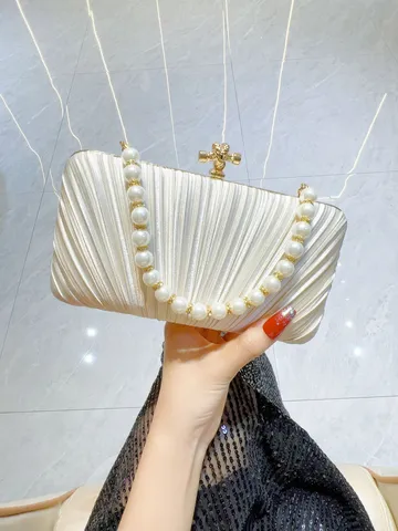 Pleated Satin Evening Bag For Women Rhinestone Artificial Pearl Clutch Purse Elegant Luxury Banquet Wedding Clutches Hard Box Handbag