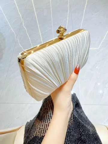 Pleated Satin Evening Bag For Women Rhinestone Artificial Pearl Clutch Purse Elegant Luxury Banquet Wedding Clutches Hard Box Handbag