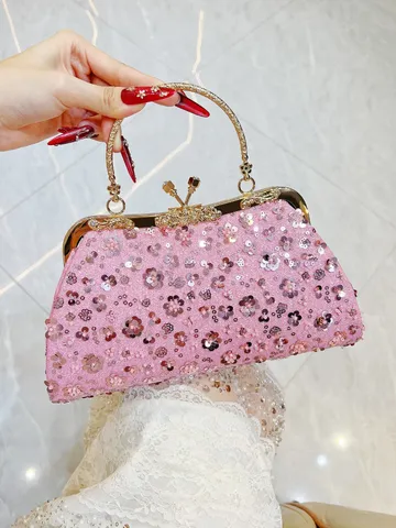 Dames Pailletten Avondtas Elegante Strass Banket Clutch Handtas Horizontaal Vierkant Polyester Klipsluiting Schouderketting Portemonnee