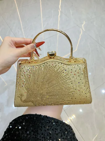 Elegante Polyester Strass Pauw Avondtas Vintage Luxe Gespsluiting Handtas Voor Huwelijk Banket Vrouwen Schoudertas Clutch