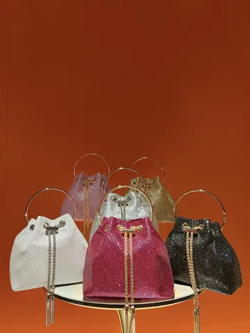 Luxury Rhinestone Evening Bucket Bag With Metal Handle Chain Strap Polyester Shiny Handbag For Women Banquet Party Dress Clutch Purse