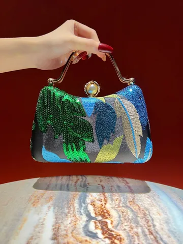 Vintage Luxurious Polyester Sequin Embroidered Evening Bag For Women Rhinestone Artificial Pearl Clutch Handbag For Wedding Party
