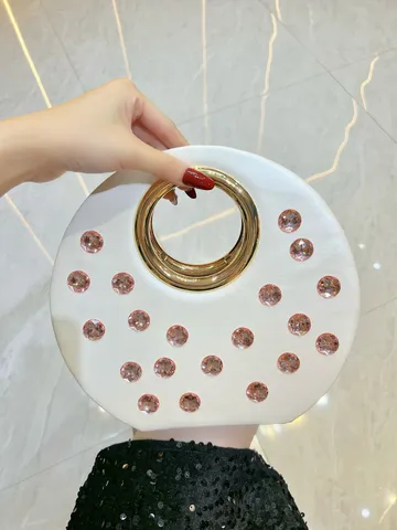 Sac de Soirée Rond Vintage Luxueux pour Femmes Pochette Ornée de Strass Fermoir Magnétique Chaîne Bandoulière pour Banquet Mariage Fête