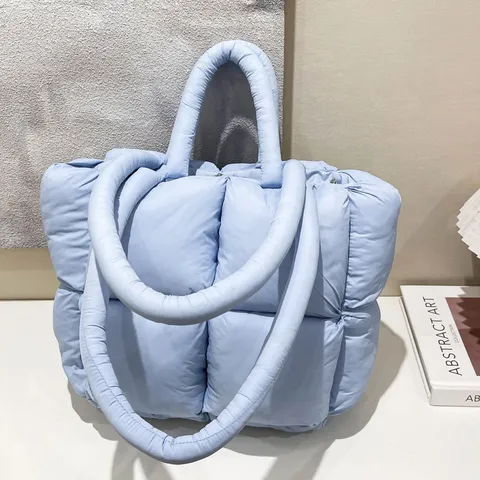 Women Winter Puffer Tote Bag Large Capacity Quilted Puffy Handbag Casual Soft Shoulder Bag Down Cotton Crossbody Bag
