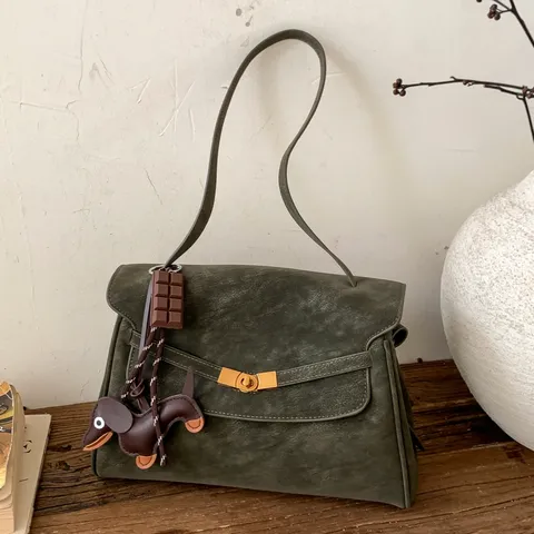Women Retro Frosted PU Leather Shoulder Handbag Classic Lock Closure Casual Commuter Messenger Bag With Top Handle