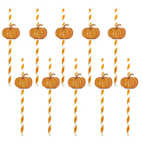 Pailles en Papier Citrouille Halloween Pailles à Boire Rayées Orange Avec Cartes Décoratives Fournitures de Table de Fête