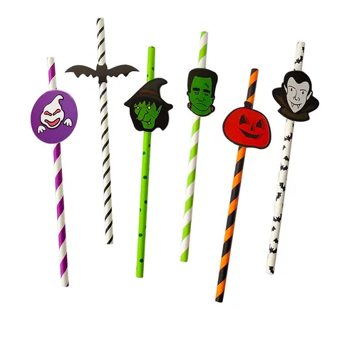 Halloween Decorative Paper Straws Party Supplies With Funny Cartoon Cutouts And Glue Dots Colorful Drink Straws