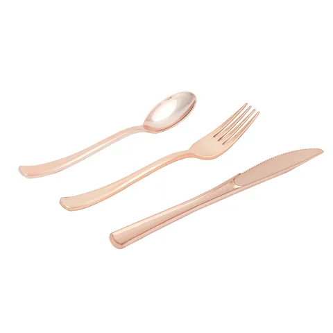 Disposable Plastic Gold And Rose Gold Tableware Knives Forks And Spoons Set For Party Wedding Dinner