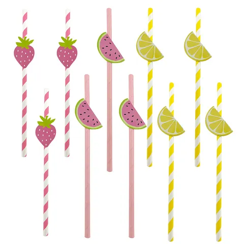 Summer Party Decorative Paper Drinking Straws Cartoon Fruit Flamingo Lemon Watermelon Pineapple Designs
