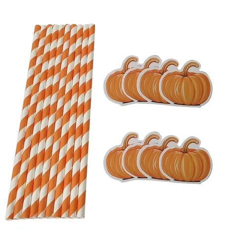 Pailles en Papier Citrouille Halloween Pailles à Boire Rayées Orange Avec Cartes Décoratives Fournitures de Table de Fête