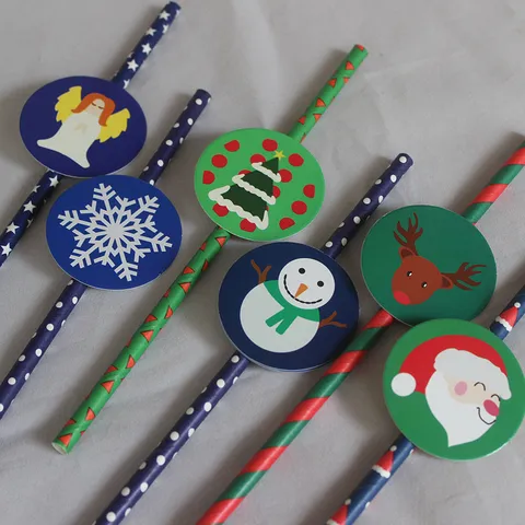 Disposable Christmas Party Paper Straws With Round Card Decorative Drinkware Festive Holiday Straws Set