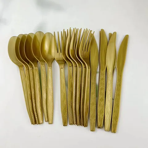 Gold Disposable Plastic Knife Fork Spoon Set Luxury Embossed Party Tableware For Birthday Wedding Celebration