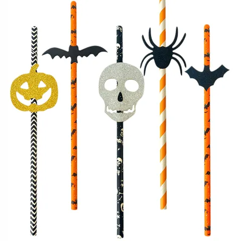 Disposable Paper Straws Halloween Party Decorative Drink Straws With Pumpkin Bat Skull Spider Accents Festive Supplies
