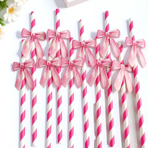 Cannucce di Carta Biodegradabili Ecologiche Con Fiocco Rosa A Righe Rosa Rosso Cannucce per Festa per Bevande Forniture per Feste