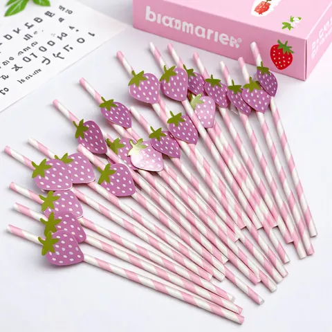 Pink White Striped Paper Drinking Straws With Cute Strawberry Card Decoration For Party Birthday Beverage Supplies