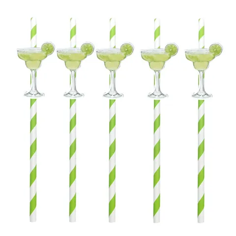 Creative Fruit Green Striped Disposable Paper Straws With Goblet Cocktail Card Cake Decoration For Carnival Party