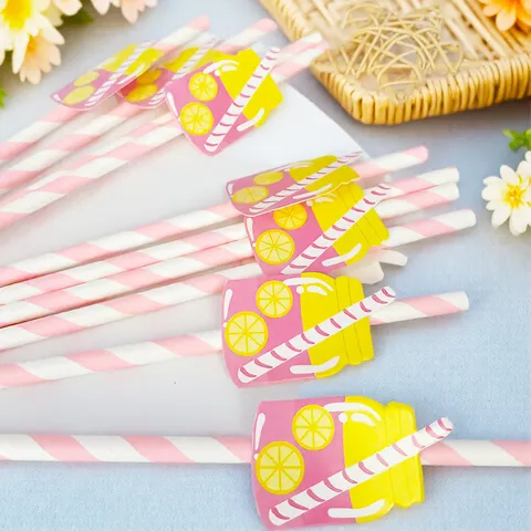 Creative Lemon Beverage Bottle Striped Disposable Paper Straws Summer Party Drinking Straws Supplies