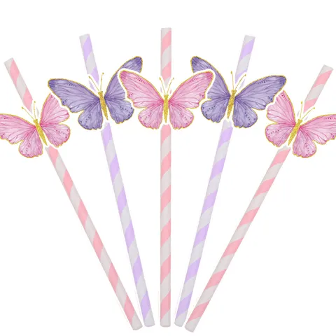 Disposable Paper Drinking Straws With 3D Butterfly Decor Pink Purple Striped Straws For Birthday Party Drinkware