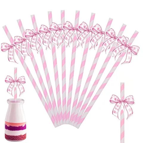 Pink Striped Paper Drinking Straws with Cute Bow Disposable Party Tableware Decorations for Birthday Wedding Celebration