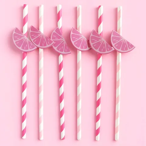 Creative Valentine Day Pink Lemon Sticker Disposable Paper Straws Party Drinkware Accessories