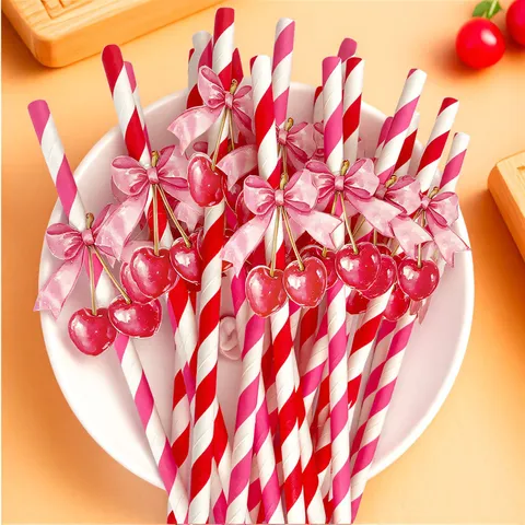 Biodegradable Paper Straws With Bow And Cherry Decor Disposable Striped Drinking Straws For Holiday Party Wedding Supplies