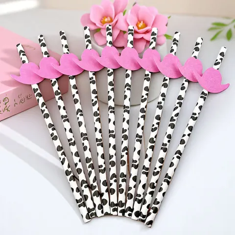 Biodegradable Cow Print Paper Drinking Straws With Pink Top Hat Disposable Creative Juice Straws For Party Supplies