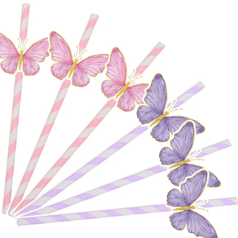 Disposable Paper Drinking Straws With 3D Butterfly Decor Pink Purple Striped Straws For Birthday Party Drinkware