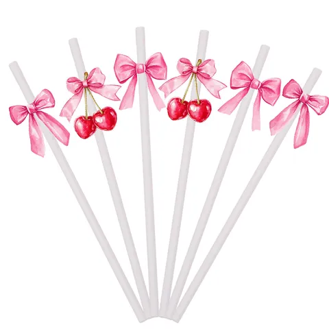 White Paper Straws With Cherry Bow Party Decoration Disposable Drinking Straws For Birthday Wedding Celebration