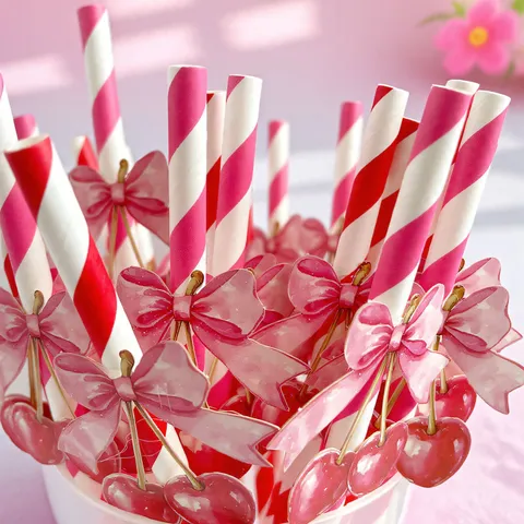 Biodegradable Paper Straws With Bow And Cherry Decor Disposable Striped Drinking Straws For Holiday Party Wedding Supplies