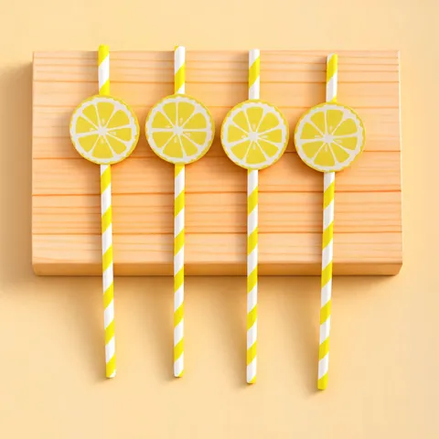 Creative Yellow Striped Disposable Paper Straws With Lemon Cutout Cards Party Drinkware Decorative Tableware Accessories