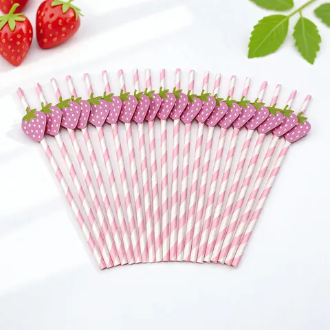 Pink White Striped Paper Drinking Straws With Cute Strawberry Card Decoration For Party Birthday Beverage Supplies