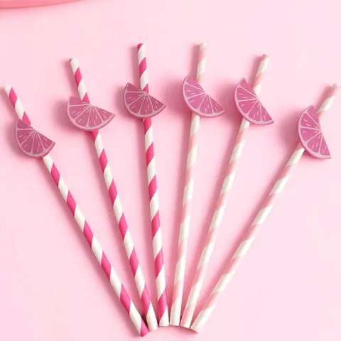 Creative Valentine Day Pink Lemon Sticker Disposable Paper Straws Party Drinkware Accessories