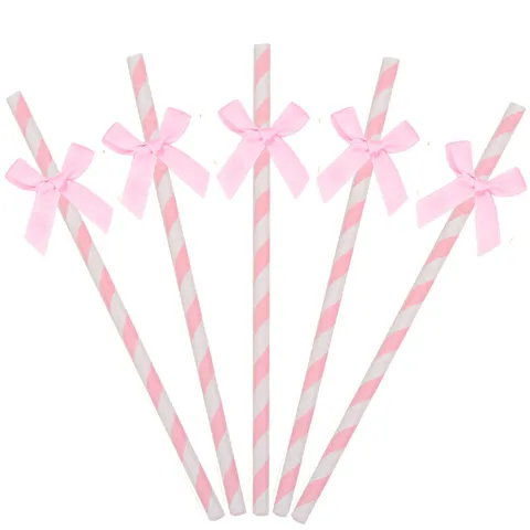 Creative Striped Paper Drinking Straws With Fabric Bow Party Decoration For Dessert Table Birthday Celebration Supplies