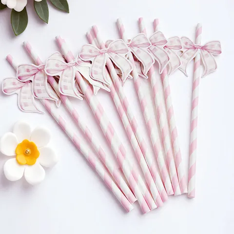 Pink Striped Paper Drinking Straws with Cute Bow Disposable Party Tableware Decorations for Birthday Wedding Celebration