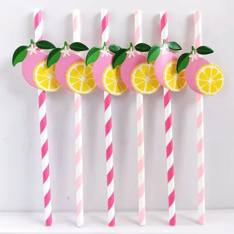Disposable Paper Drinking Straws Fruit Lemon Theme Striped Juice Beverage Straws For Party And Daily Use