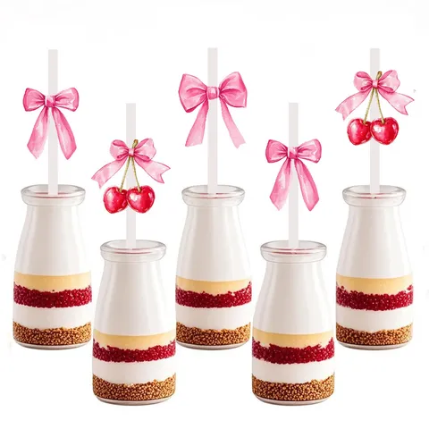 White Paper Straws With Cherry Bow Party Decoration Disposable Drinking Straws For Birthday Wedding Celebration