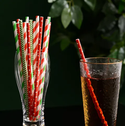 Eco Friendly Biodegradable Paper Drinking Straws Red Green Striped Polka Dot Disposable Straws For Party