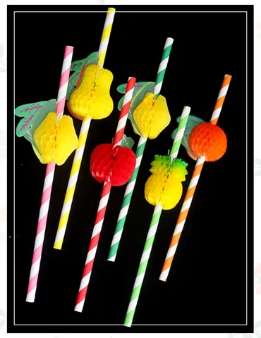 Colorful Paper Drinking Straws With 3D Honeycomb Fruit Decor Long Striped Drinking Straws For Party Dessert Table Beverage Supplies