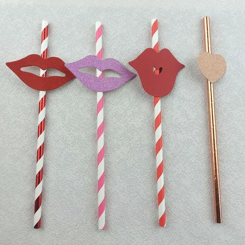 Disposable Paper Drinking Straws With Lip And Heart Toppers Creative Party Straws For Juice And Cake Decoration