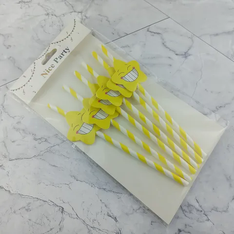 Disposable Biodegradable Paper Straws Party Decoration Yellow Stripes Smiling Star Drinking Straws Party Supplies