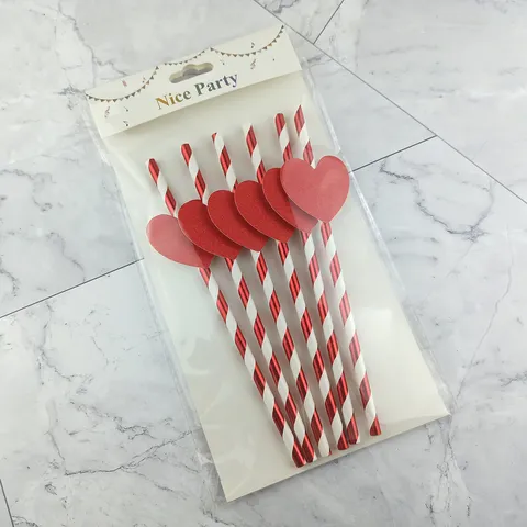 Disposable Biodegradable Paper Straws with Heart Decorations and Festive Patterns Ideal for Valentine Parties
