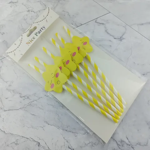 Disposable Biodegradable Paper Straws Party Decoration Yellow Stripes Smiling Star Drinking Straws Party Supplies
