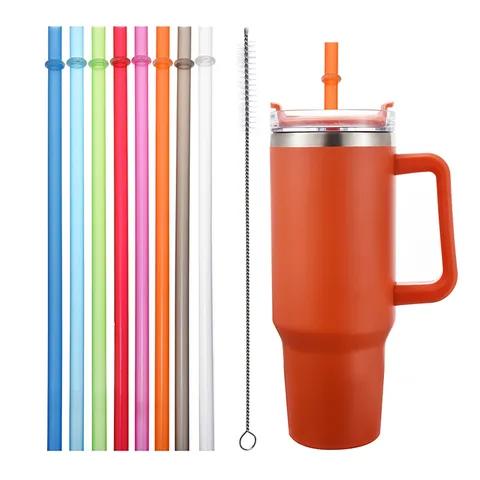 Herbruikbare Lange Plastic Drinkrietjes Recht Effen Kleur Rietje Met Ring En Reinigingsborstel Voor Keuken