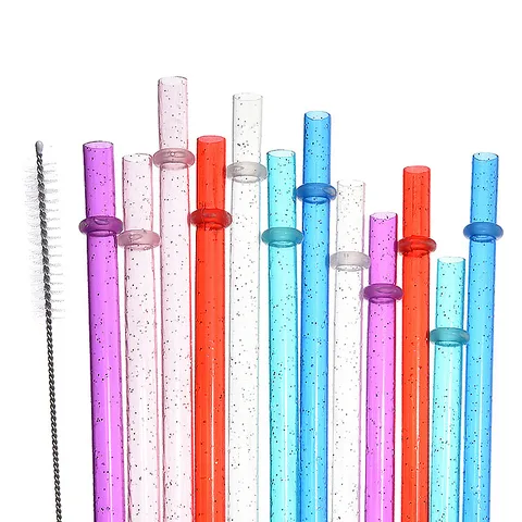 Reusable Hard Plastic Drinking Straws With Anti Slip Ring Glitter Striped Thickened Straws With Cleaning Brush For Party Kitchen