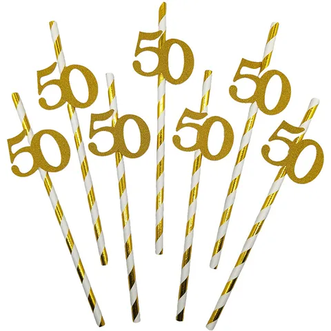 Biodegradable Disposable Paper Straws Gold Striped Birthday Party Decoration Drinking Straws