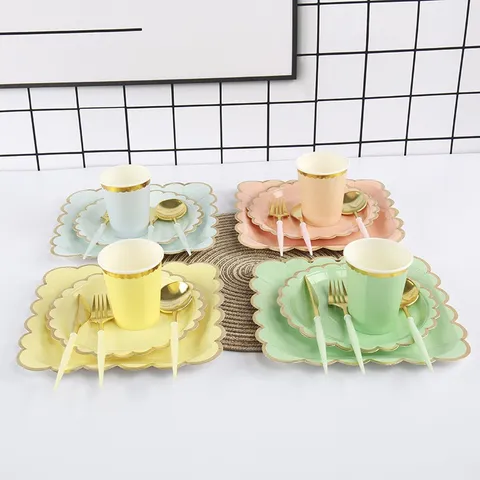 Disposable Thickened Hot Stamping Paper Tableware Set with Wavy Edges Perfect for Birthday Parties Afternoon Tea and Dessert Table Decorations