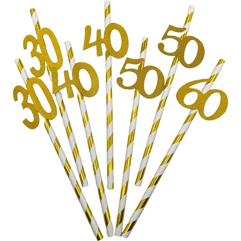 Biodegradable Disposable Paper Straws Gold Striped Birthday Party Decoration Drinking Straws